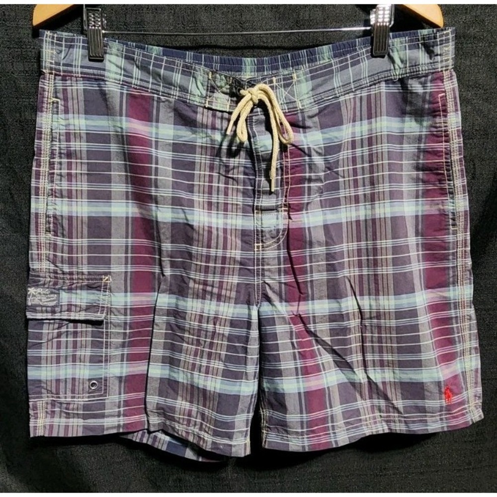 Vintage 90s Polo Ralph Lauren Swim Trunks Shorts Sz Md Men Blue Purple Plaid EUC